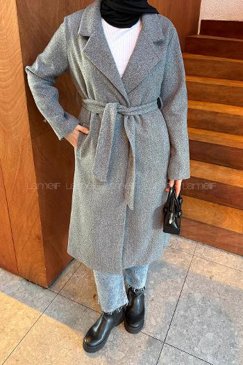 Gray Shirt Collar Long Arm Stamp Fabric Coat