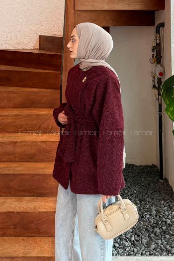 Lamelif Bağlama Detaylı Gold Düğmeli Kaban Bordo