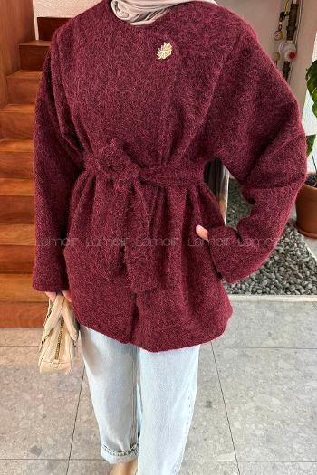 Lamelif Bağlama Detaylı Gold Düğmeli Kaban Bordo