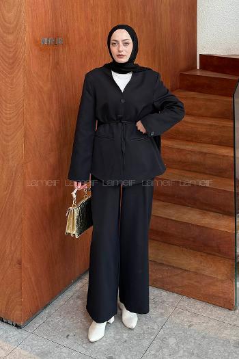 Lamelif Bel Kuşaklı Ceket Pantolon İkili Tesettür Takım Siyah