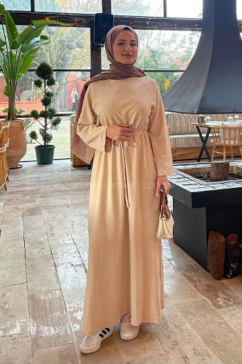 Lamelif Bel Tünel Detaylı Elbise Bej