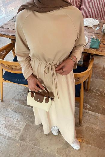 Lamelif Bel Tünel Detaylı Elbise Bej