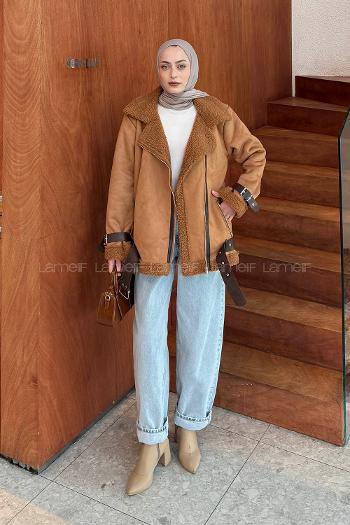 Lamelif İçi Kürklü Biker Süet Mont Taba