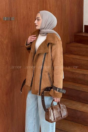Lamelif İçi Kürklü Biker Süet Mont Taba