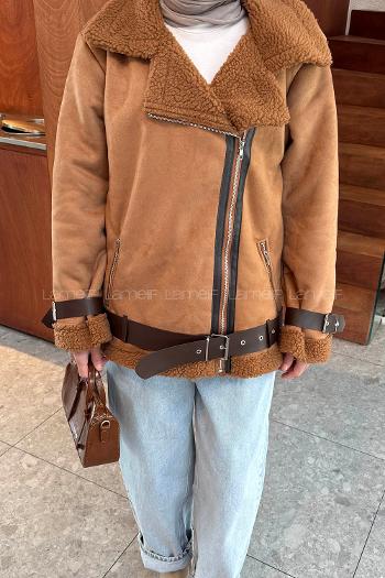 Lamelif İçi Kürklü Biker Süet Mont Taba