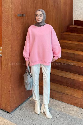 Candy Pink Crew Neck Long Arm Unprinted Sweatshirt