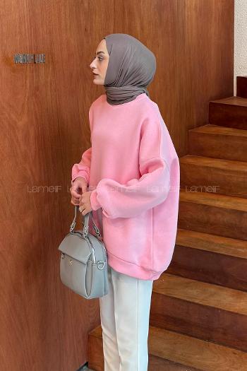 Candy Pink Crew Neck Long Arm Unprinted Sweatshirt