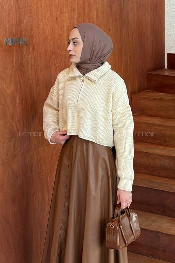 Lamelif Yaka Fermuarlı Crop Triko Kazak Ekru