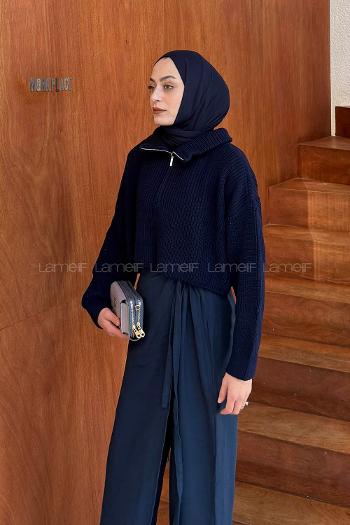 Navy Blue Zippered Neck Long Arm Jumper