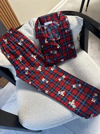 Lamelif Ekose Desen Ayıcıklı Pijama Takımı