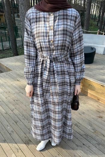 Lamelif Ekose Desen Elbise Kahve