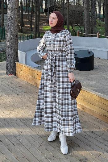 Lamelif Ekose Desen Elbise Taş Rengi