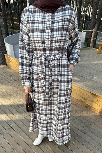 Lamelif Ekose Desen Elbise Taş Rengi