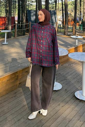 Lamelif Ekose Desen Gömlek Bordo