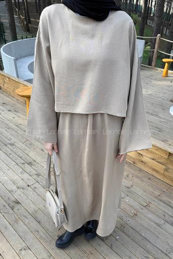 Lamelif Etekli Tesettür Takım Bej