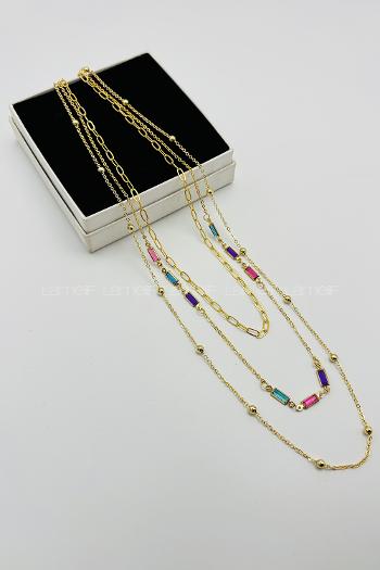 Lamelif Gold 3lü Kombin Renkli Kristal Taşlı Zincir Kolye