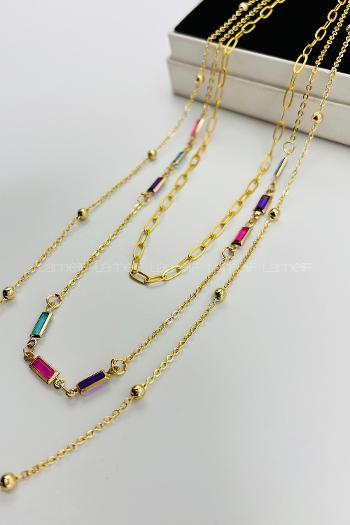 Lamelif Gold 3lü Kombin Renkli Kristal Taşlı Zincir Kolye