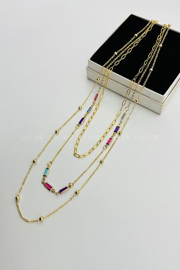 Lamelif Gold 3lü Kombin Renkli Kristal Taşlı Zincir Kolye