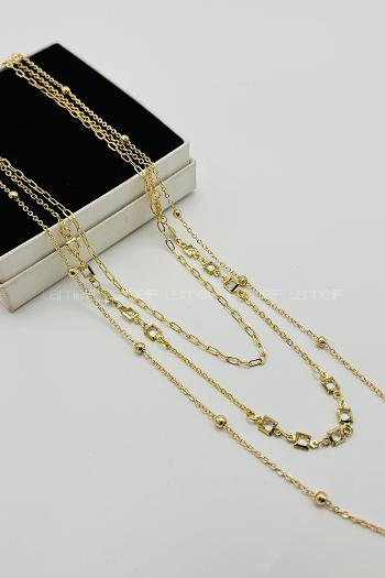 Lamelif Gold 3lü Kristal Taşlı Zincir Kolye