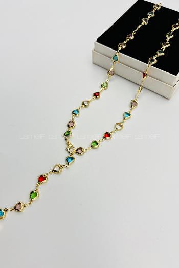 Lamelif Gold Çokrenkli Kalpli Y Kolye