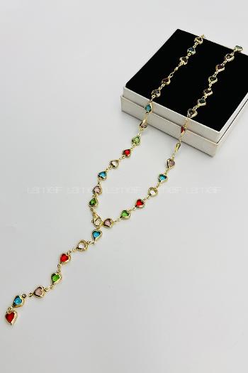 Lamelif Gold Çokrenkli Kalpli Y Kolye