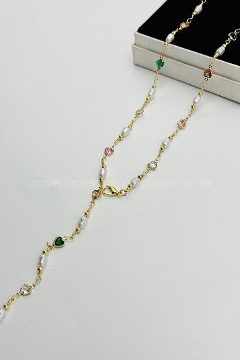 Lamelif Gold İnci Ve Kalpli  Y Kolye