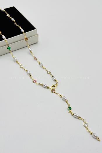 Lamelif Gold İnci Ve Kalpli  Y Kolye