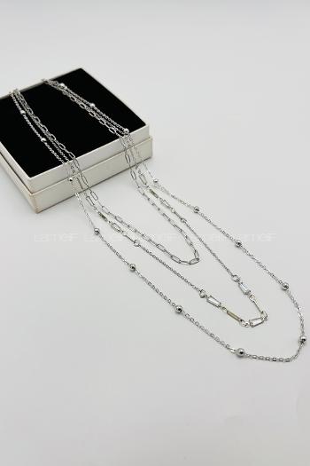 Lamelif Gümüş 3lü Kombin Dorika Boncuklu Zincir Kolye