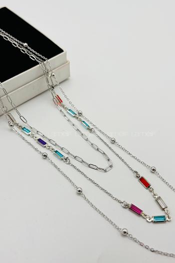 Lamelif Gümüş 3lü Kombin Renkli Kristal Taşlı Zincir Kolye