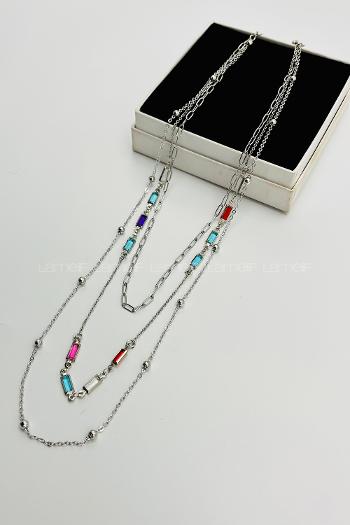 Lamelif Gümüş 3lü Kombin Renkli Kristal Taşlı Zincir Kolye