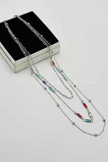 Lamelif Gümüş 3lü Kombin Renkli Kristal Taşlı Zincir Kolye