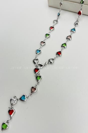 Lamelif Gümüş Çokrenkli Kalpli Y Kolye