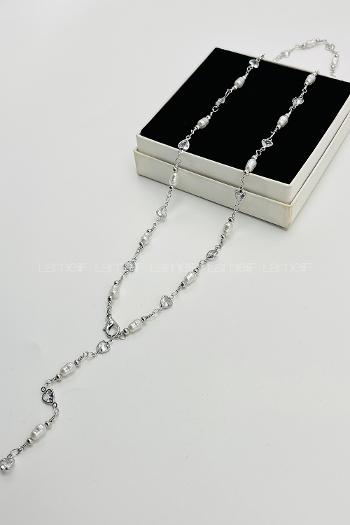 Lamelif Gümüş İnci Ve Kalpli  Y Kolye