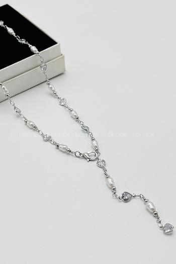 Lamelif Gümüş İnci Ve Kalpli  Y Kolye