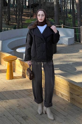 Lamelif Kürk Yaka Düğmeli Mont Siyah