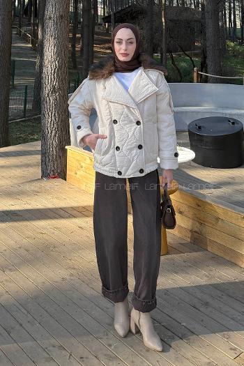 Lamelif Kürk Yaka Düğmeli Mont Taş Rengi