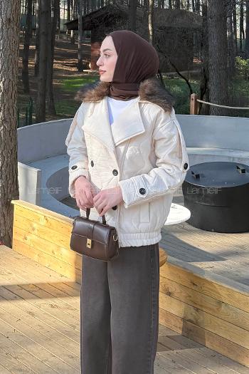 Lamelif Kürk Yaka Düğmeli Mont Taş Rengi