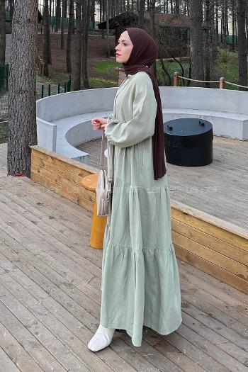 Oil Green Mandarin Collar Cotton Unprinted Dresess