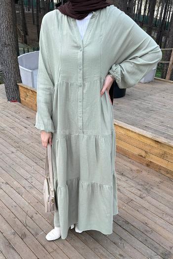 Oil Green Mandarin Collar Cotton Unprinted Dresess