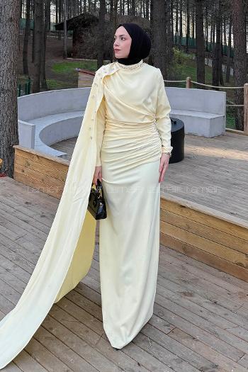 Lamelif Pelerin Detaylı Taşlı Elbise Sarı