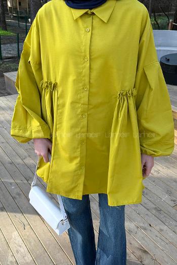 Oil Green Shirt Collar Linen Cotton Tunic