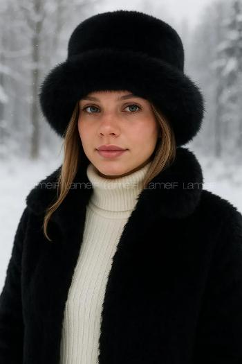 Lameli Siyah Kalın Peluş Kalpak Şapka Bere