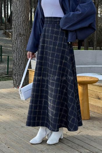 Lamelif Ekose Detay Etek Lacivert