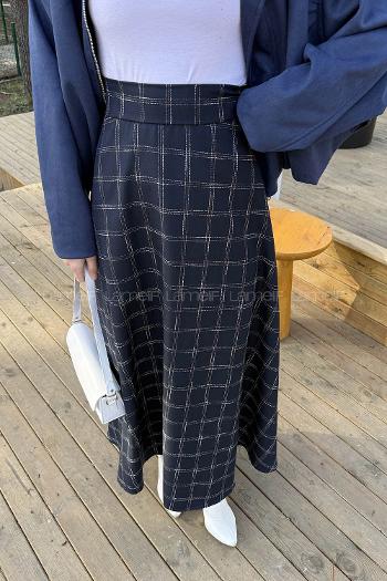 Lamelif Ekose Detay Etek Lacivert