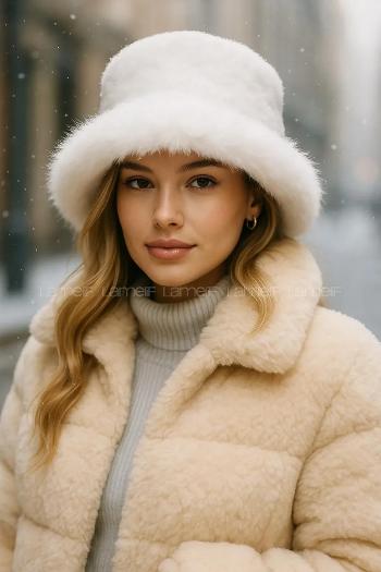 Lamelif Ekru Kalın Peluş Kalpak Şapka Bere