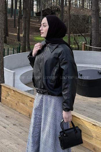 Lamelif Kemerli Deri Ceket Siyah