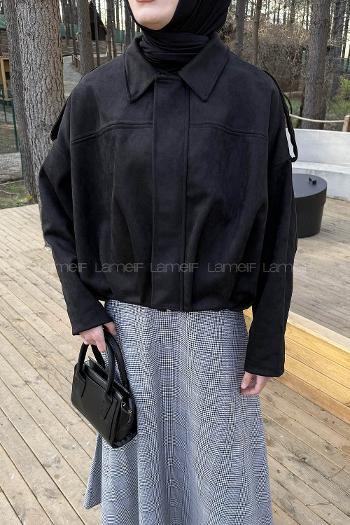 Lamelif Omuz Apoletli Süet Ceket Siyah