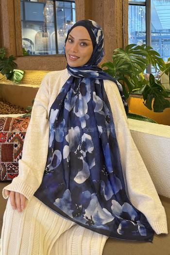 Lamelif Batik Desen Müslin Şal Lacivert