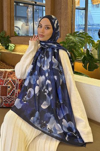 Lamelif Batik Desen Müslin Şal Lacivert