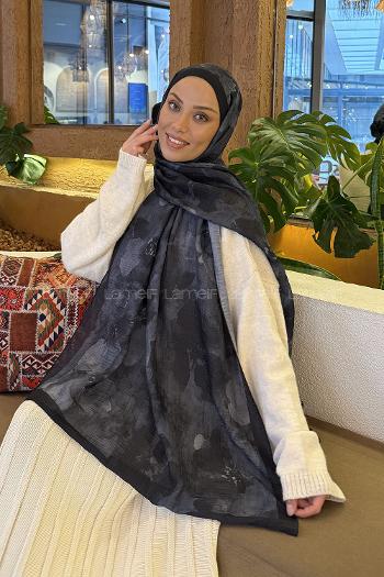 Lamelif Batik Desen Müslin Şal Siyah Gri